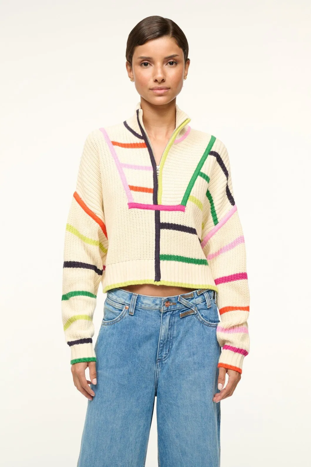 STAUD CROPPED HAMPTON SWEATER CREAM RAINBOW MULTI< Sweaters