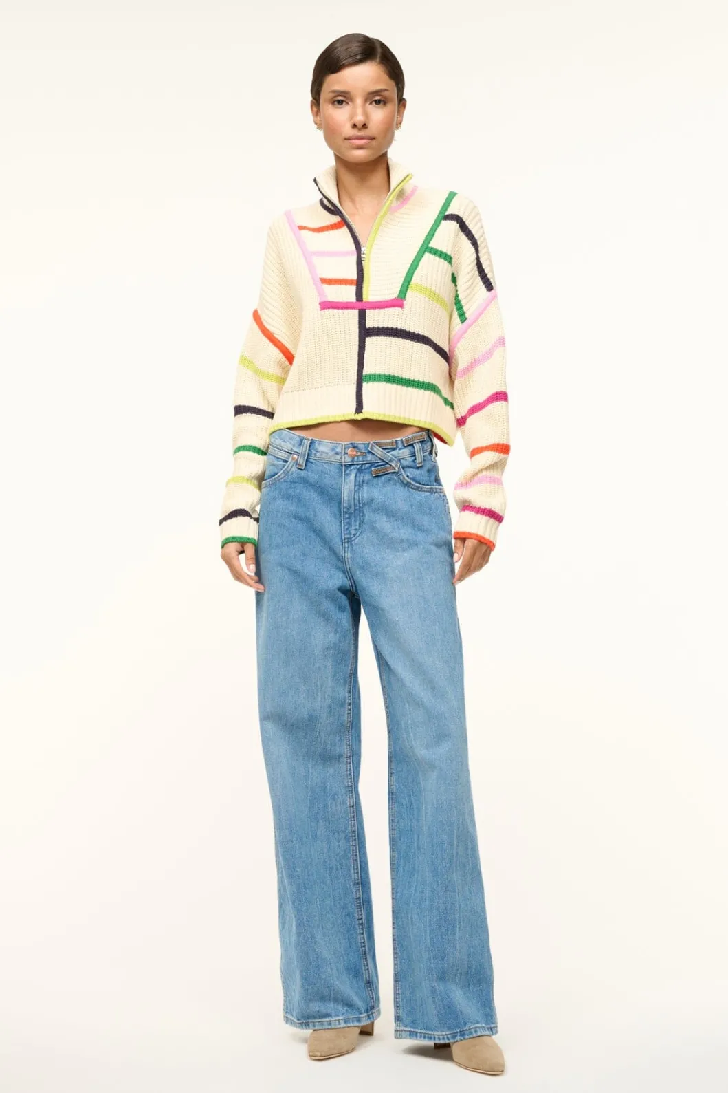 STAUD CROPPED HAMPTON SWEATER CREAM RAINBOW MULTI< Sweaters