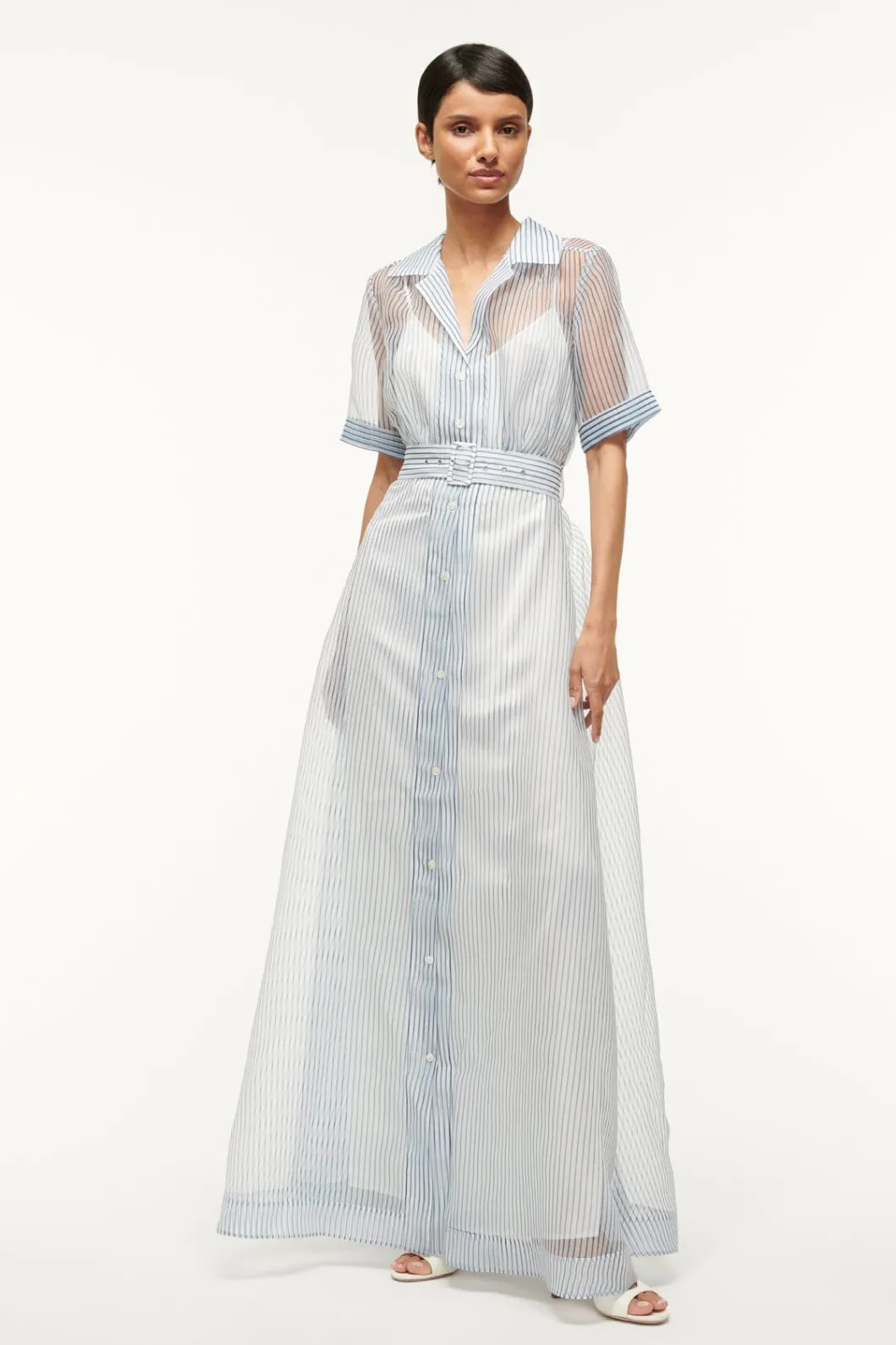 STAUD MILLIE DRESS IVORY MICRO STRIPE< The Evening Edit