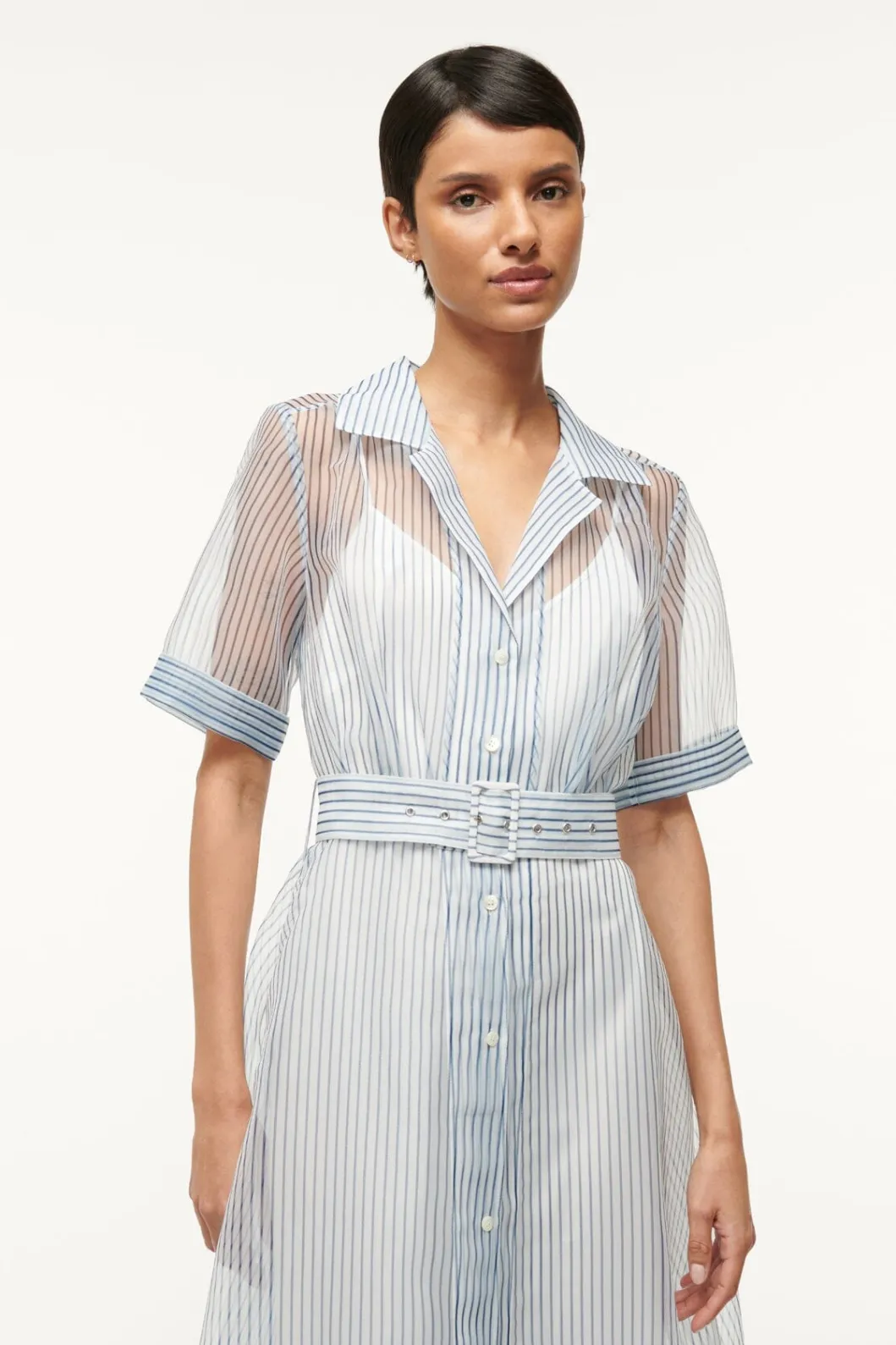 STAUD MILLIE DRESS IVORY MICRO STRIPE< The Evening Edit