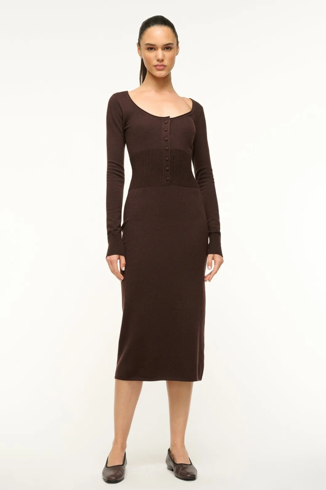 STAUD SABRINA DRESS DARK CHOCOLATE< Knit Dresses | Midi Dresses