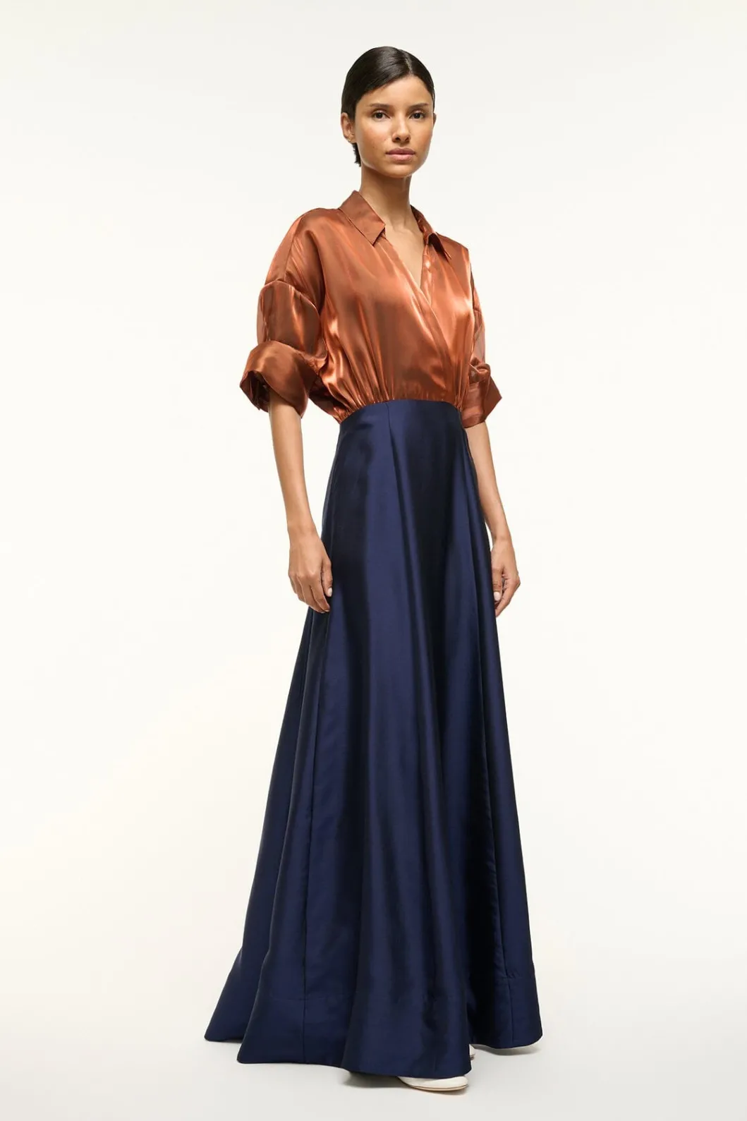 STAUD SHUBERT DRESS IRIDESCENT CACAO MIDNIGHT< The Evening Edit