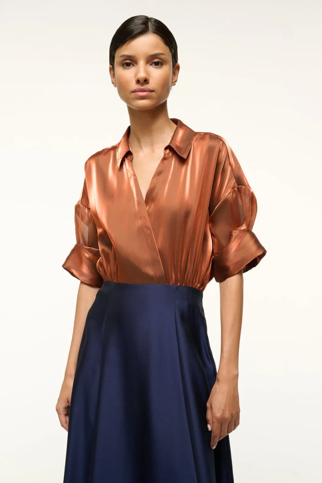 STAUD SHUBERT DRESS IRIDESCENT CACAO MIDNIGHT< The Evening Edit